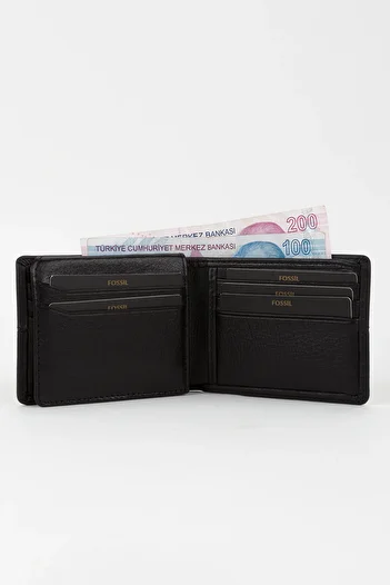 Fossil Boxed Genuine Leather Horizontal Stitching Black Hand Portfolio Card Holder Wallet