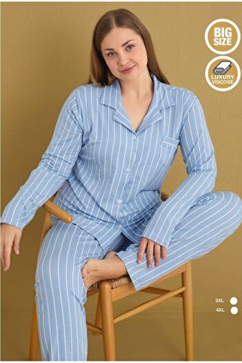 İpek Kadın Uzun Kol Büyük Beden Önden Düğmeli Çizgili Pijama Takımı