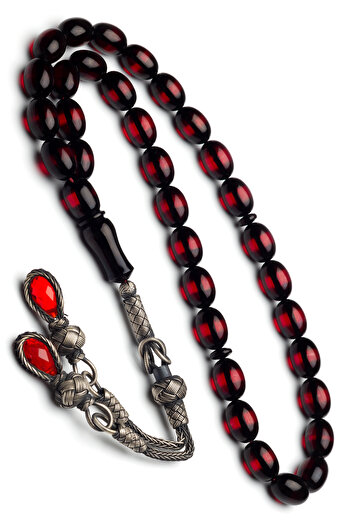 OTTOTESBİH Certified Silver Kazaz Tassel 8X12Mm Red Vernier Fire Amber Rosary