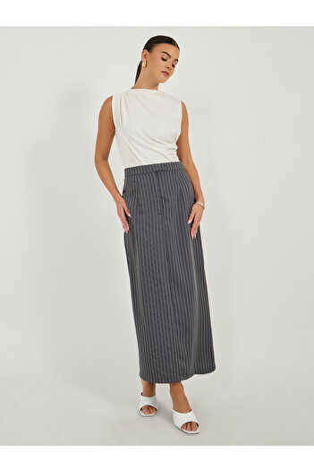 Styli Pinstriped Maxi Skirt with Back Slit