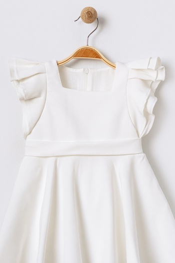 Bebüş Ecru Girl's Dress - Crepe Fabric, Flounced Sleeves, Lined, Pleated Flared, Square Neck 15699