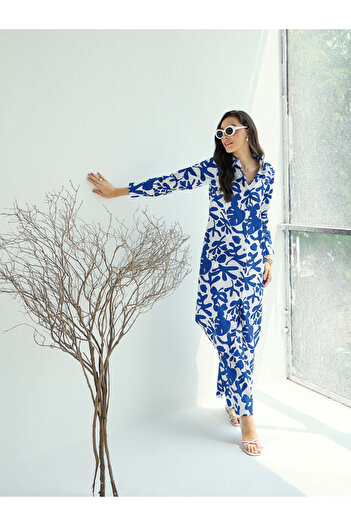 Sassafras By Styli Floral Print Longline Shirt & Pants Co-Ords