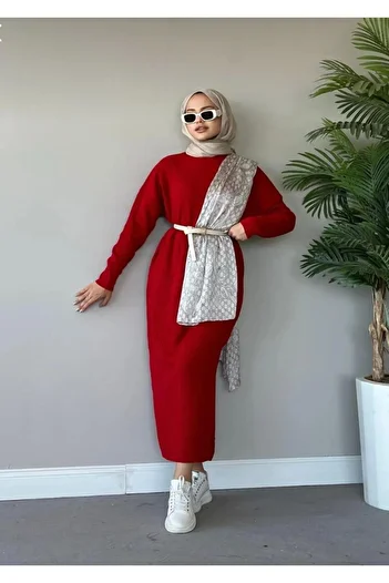 Gülce moda Red Ribbed Knitwear Dress