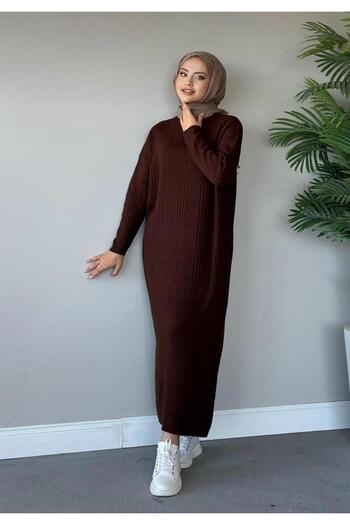 Gülce moda Φόρεμα με ραβδώσεις καφέ πλεκτό