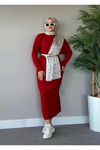 Gülce moda - Fitilli Triko Elbise Kırmızı