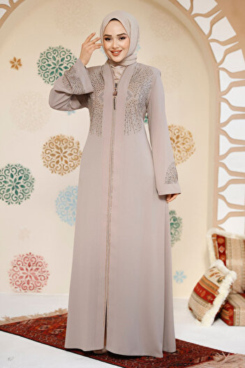 Neva Style Beige Hijab Abaya - Bead Detail, Model 17007Beige