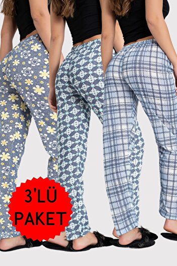 DONEX 3-Pack Cotton Thin Breathable Fabric Ribbon Waist Detail Printed Women's Sleepwear Bottom Pack Without Pockets