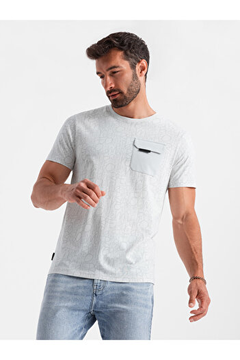 OMBRE Herren Baumwoll-T-Shirt mit Buchstabendruck und Tasche - weiß-grau V3 OM-TSFP-0188 XXL