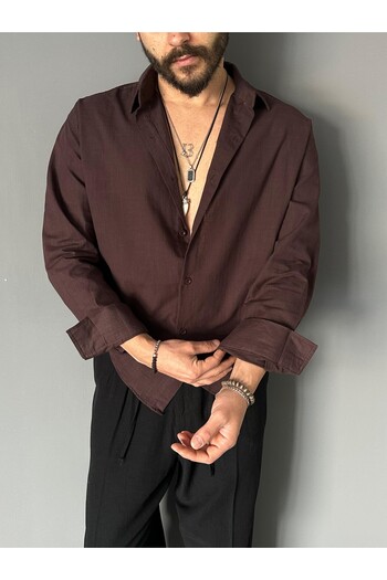 THEMANN Flamed Linen Fabric Burgundy Regular Shirt