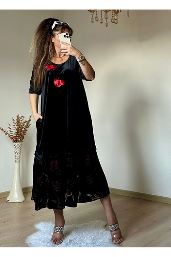 azra moda Velvet Dress with Poppy Embroidery