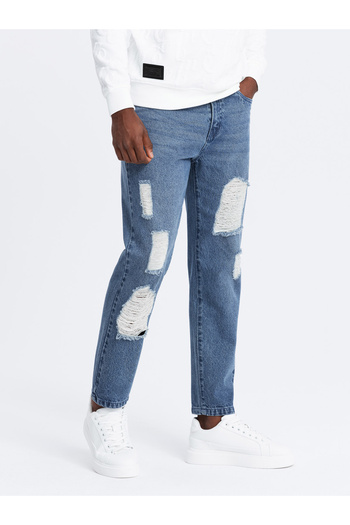 OMBRE Men's TAPERED FIT denim pants with holes - dark blue V3 OM-PADP-0175 S