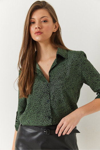 Bianco Lucci Women's Patterned Sleeve Folded Viscose Shirt 60261359