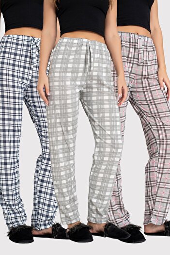 DONEX 3-Pack Cotton Thin Breathable Fabric Ribbon Waist Detail Printed Women's Sleepwear Bottom Pack Without Pockets