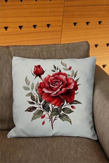 Şah Dekor Nature Themed Floral Patterned Red Colorful 6-Piece Digital Printed Throw Pillow Cover