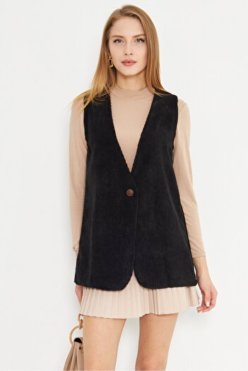armonika Women's Black V-Neck Single Button Oversize Thick Corduroy Vest Arm-25K 001016