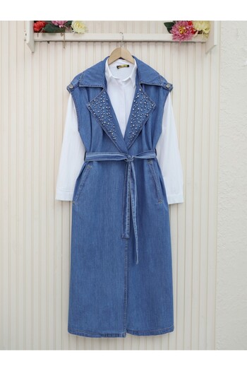 Modamorfo Blue Denim Vest with Stone Detail on the Front and Belt