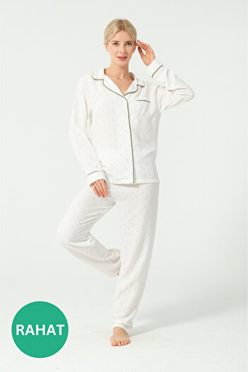DOFİ Dofi Women &Apos; S White and Green Polka Dot Pajamas Set – Buttoned, Ribbed, Lightweight Aerobin Fabric