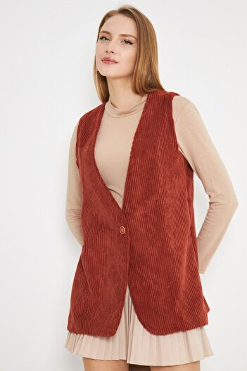 armonika Women's Tile V-Neck Single Button Oversize Thick Corduroy Vest Arm-25K 001016