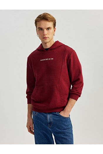 Koton Long Sleeve Cotton Blended Pocket Slogan Printed Hooded Sweatshirt