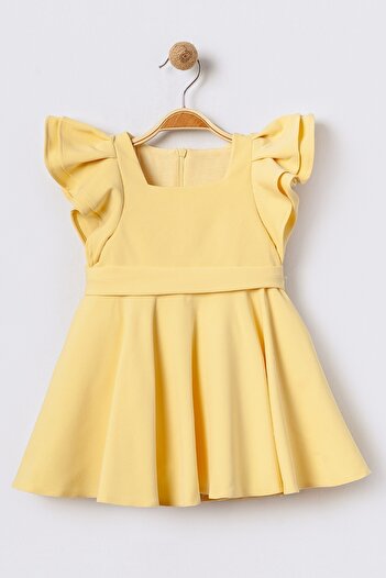 Bebüş Yellow Girls' Dress - Crepe Fabric, Flounced Sleeves, Pleated Flared, Square Neck 15699