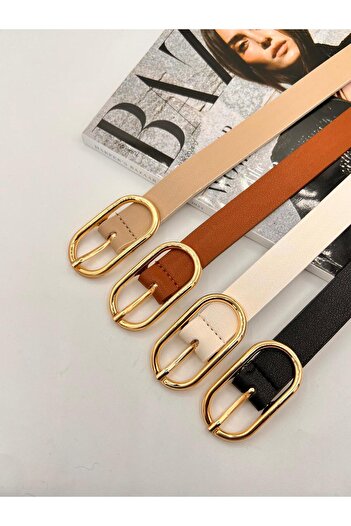 MODAM HİFA 4-Piece Long Oval Buckle Gold Women's Belt Trouser Belt Dress Belt Shirt Belt Coat Belt