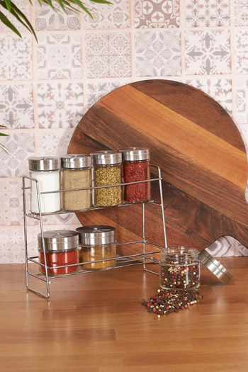 Albergio Silva 8 Piece Glass Seasoning Set with Metal Stand