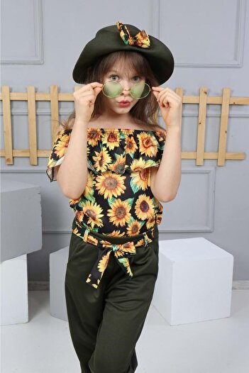 Mnk Girls' Suit with Sunflower Hat, Khaki