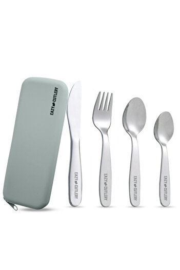 Eazy Kids Eazy Kids Set of 4 Cutlery (Spoon, Fork, Knife & Tea Spoon) w/ Silicon Pouch – Grey