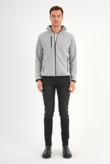 Deri Company Men's Fleece Jacket Gray Melange Zippered Stand Collar