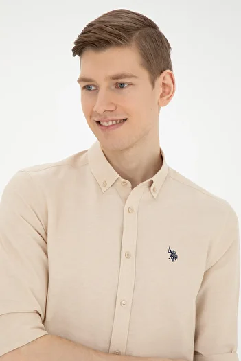 U.S. Polo Assn. Ανδρικό μακρυμάνικο πουκάμισο Camel Basic 50288629 -VR015