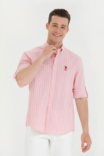 U.S. Polo Assn. Ανδρικό πουκάμισο λευκό ριγέ σομόν 50265493-VR047