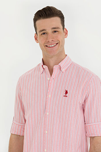 U.S. Polo Assn. Ανδρικό πουκάμισο λευκό ριγέ σομόν 50265493-VR047