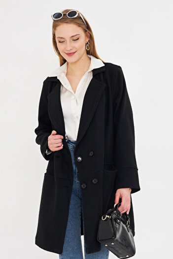 armonika Women's Black Double Breasted Lapel Buttoned Pocket Stamp Coat Arm-25K 001100