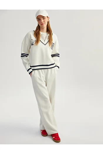 Koton Raised Embroidery Detailed Striped Oversize Half Zip Sweatshirt
