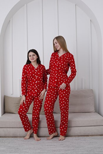 KAPİTEX Sweetheart Mother Daughter Size Buttoned Red Color Heart Pajamas Set