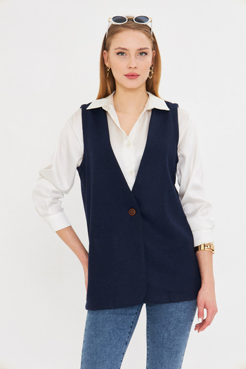 armonika Women's Navy Blue V-Neck Single Button Oversize Print Vest Arm-25K 001110