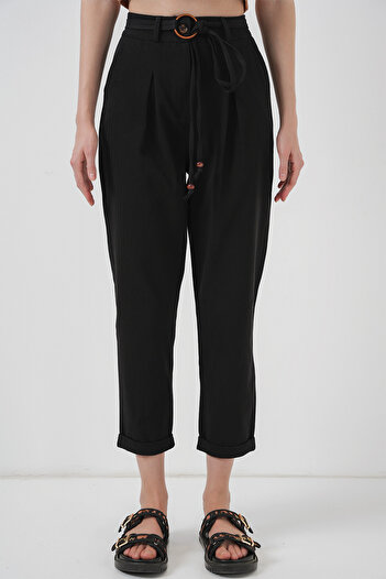Bigdart 6660 Belted Linen Trousers - Black