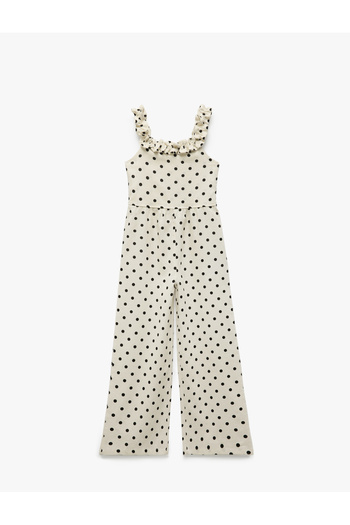 Koton Polka Dot Square Neck Linen Blended Strap Long Jumpsuit