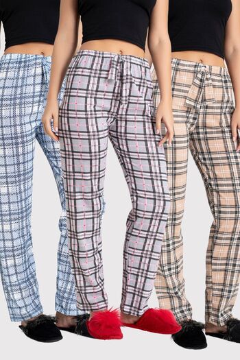 DONEX 3 Pack Two Yarn Fabric Ribbon Waist Detail Printed Women's Sleepwear Bottom Pack Without Pockets