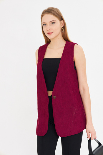 armonika V-Neck Single Button Oversize Velvet Vest - Plum Arm-25K 001016