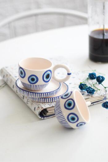 woness studio 140 Ml Evil Eye Patterned Ceramic Coffee Cup - Single with Saucer