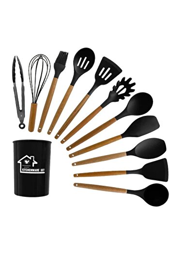 ABAREEK Silicone Kitchen Tool Set With Wooden Handle And Storage Bucket, Heat Resistant, Gray 12 Pcs