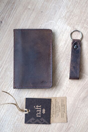 naft Servi 6 2 Compartment Unisex Vertical Leather Card Holder Wallet - Chestnut Brown - Set with Keychain Gift