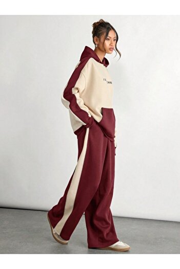 Trendseninle Claret Red Beige Γυναικεία και Ανδρικά Σετ Φόρμας - Σετ Ζευγάρι 2 τεμαχίων
