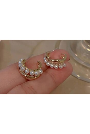 Charmeda Accessory & Boutique Charmeda İncili Halkalı Çift Sıra Altın Renk Küpe