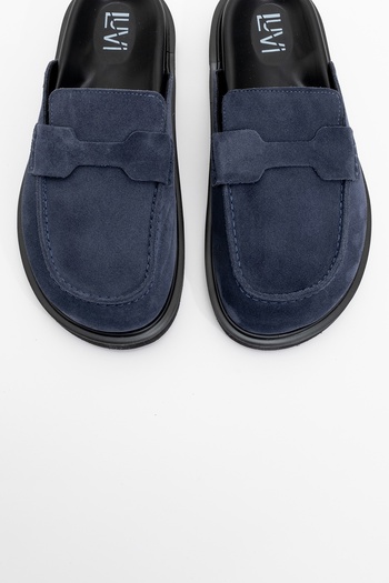 LuviShoes Dámské pantofle z pravé kůže Laven Navy Blue Suede