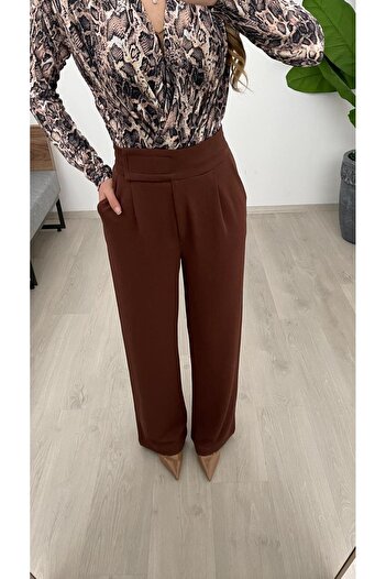 Nazline Women's Velcro Detail Flexible Fabric Wide Leg Long Pants