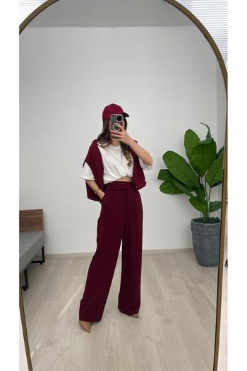 Nazline Women's Velcro Detail Flexible Fabric Wide Leg Long Pants
