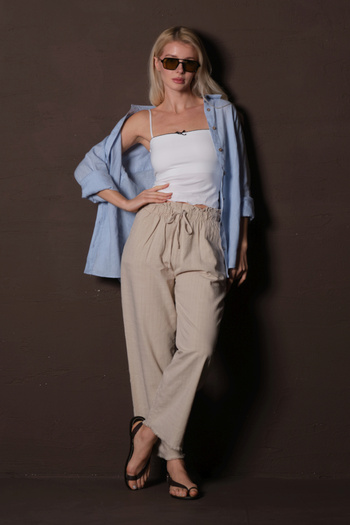 Maule Beige Cotton Elastic and Gathered Relaxed Cut Cut Ankle Summer Women's Trousers @Portofino