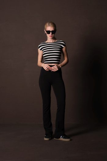 Domoda Black High Waist Wide Leg Spanish High Cotton Content Knitted Women's Walking Pants @Girona